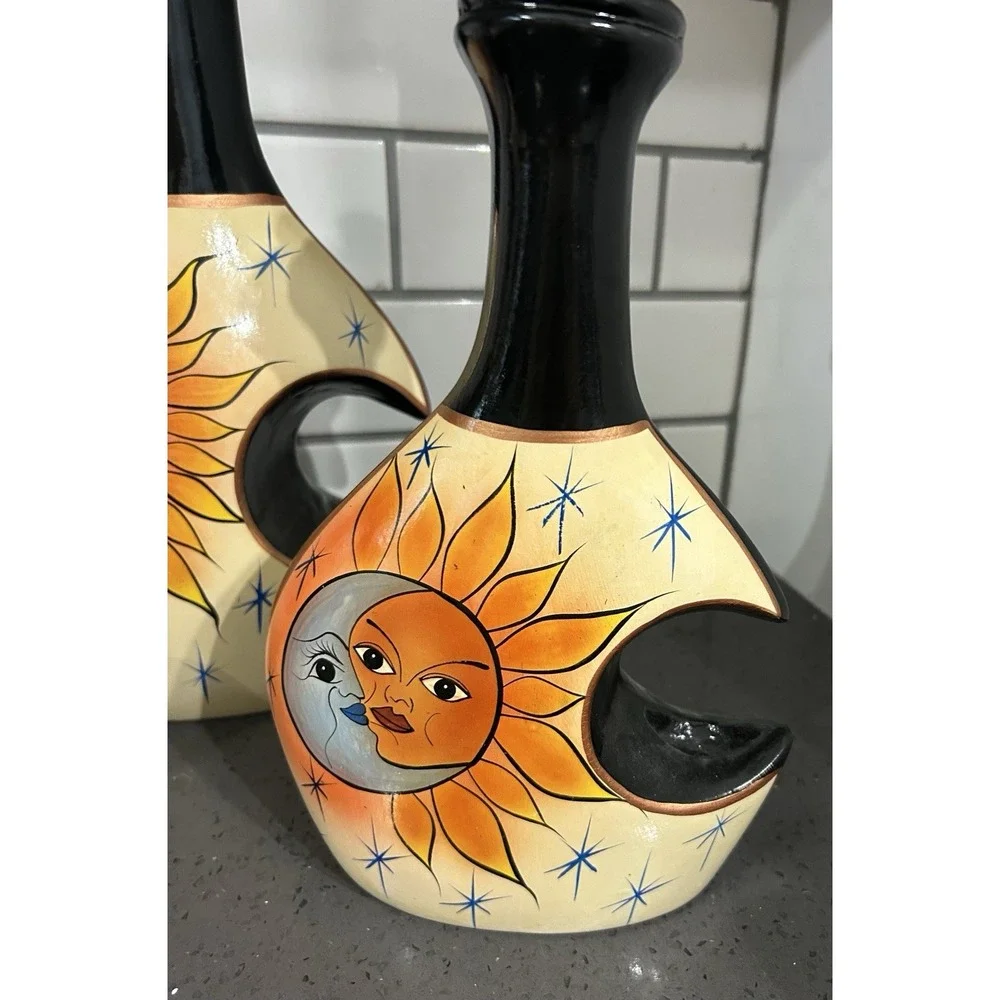Set of 3 Celestial Sun & Moon Black Yellow‎ Decorative Jars Pitchers Bottles